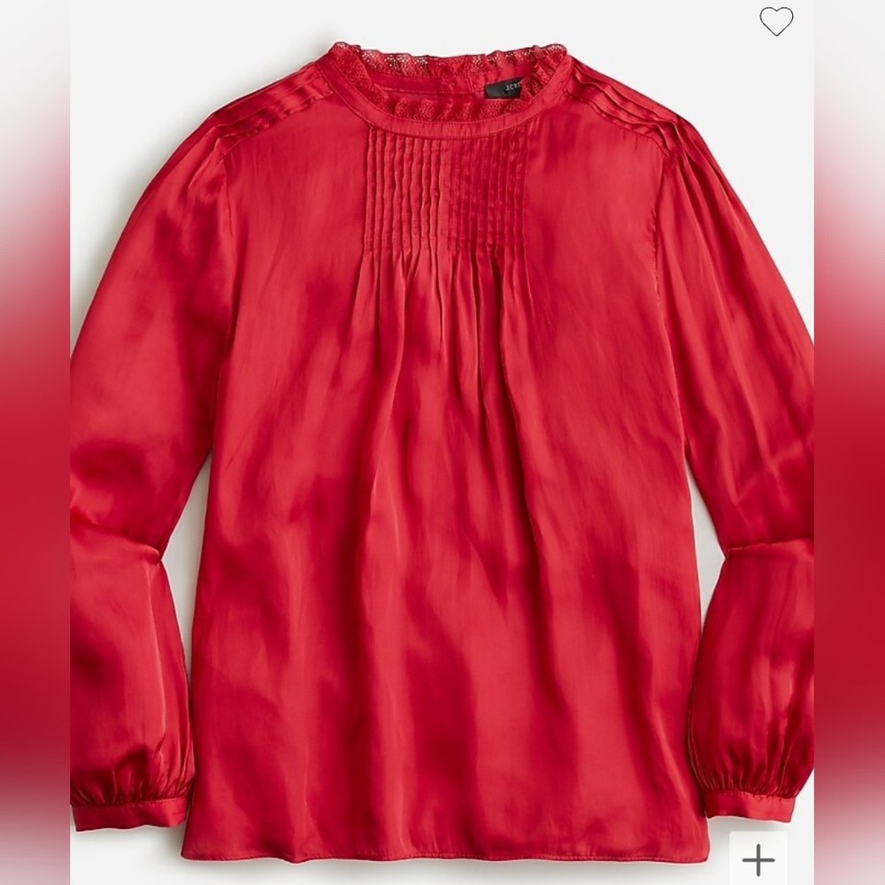 J. Crew Red Satin Pintuck Long-Sleeve Blouse